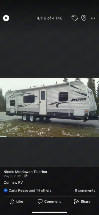 White Avenger travel trailer, a great RV rental option for adventures. Parked by snowy roadside.. Avenger LT 2012