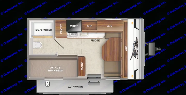 This Jay Flight RV rental floor plan shows bunk beds, kitchen, bath, dinette, and a 10' awning for your travel adventure.. Jayco Jay Flight SLX 2022