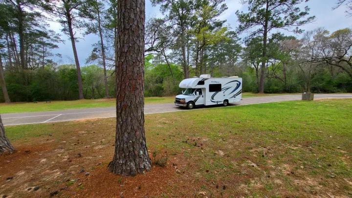 A white "Freedom Elite" RV rental drives on a paved road through a wooded park with tall pine trees and green grass.. Thor 22HE 2019