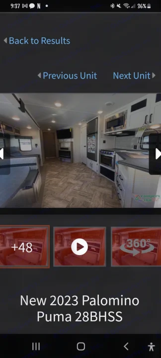 Spacious 2023 Palomino Puma RV interior with modern kitchen, living area, ready for rv rental viewing.. Puma Palomino 28BHSS 2023