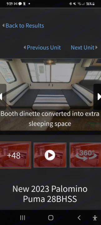 Interior of a 2023 Palomino Puma RV rental, showing the dinette converted into extra sleeping space for guests.. Puma Palomino 28BHSS 2023