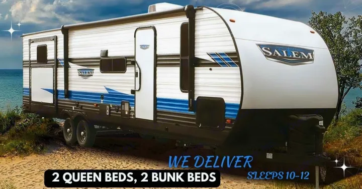 Large Salem RV rental on sandy terrain by water. Sleeps 10-12 with 2 queen beds, 2 bunk beds. Delivery.. Forest River Salem 2022