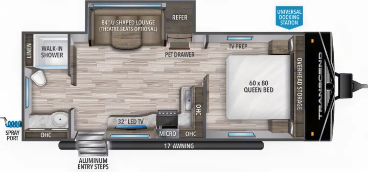 RV floor plan showing a queen bed, U-shaped lounge, walk-in shower, and kitchen, ideal for an rv rental.. Grand Design Transcend Xplor 221RB 2023