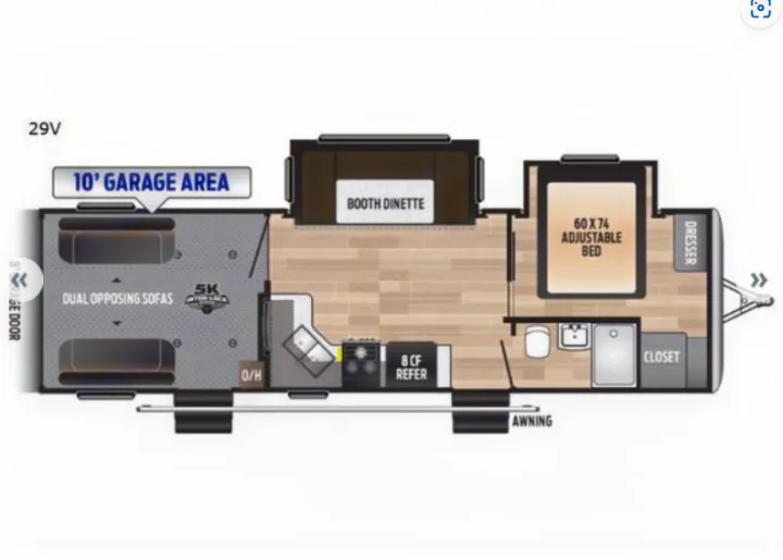 Detailed 29V RV rental floor plan: 10' garage, booth dinette, kitchen, bath, and 60x74 adjustable bed.. Keystone Impact 2019