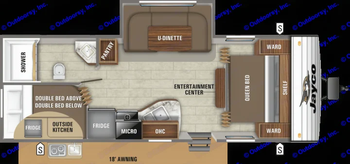 RV rental interior layout: Queen bed, bunk beds, U-dinette, kitchen, bath, outdoor kitchen, & 18' awning.. Jayco Jay Flight SLX 2019