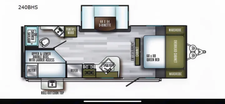 RV rental floor plan (240BHS) with queen bed, bunk beds, U-dinette, kitchen, and bath layout.. Palomino 240bhs 2018