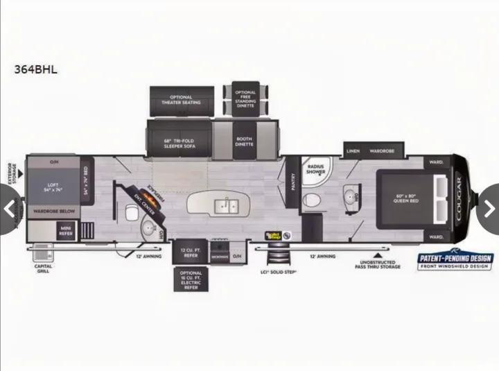 Explore this 364BHL RV rental floor plan, detailing its spacious layout with queen bed, loft, kitchen, and bathroom for your trip.. Keystone Cougar 2023