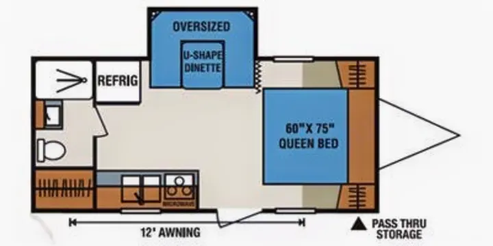 RV floor plan for a rental, featuring a queen bed, U-shaped dinette, kitchen, and bathroom layout.. KZ Sportsmen 2009