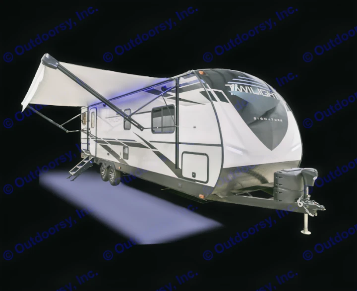 This sleek white and black travel trailer RV displays an illuminated awning, steps, and front hitch, ideal for rv rental.. Twilight RVS Signature 2022