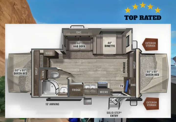 Top-rated RV rental: detailed floor plan of the spacious interior with two queen beds, living, kitchen, and storage.. Forest River Rockwood Roo 2021