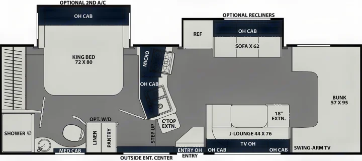 RV rental floor plan, detailing a spacious interior layout with a king bed, full kitchen, bathroom, and bunk beds.. Coachmen Freelander 2025
