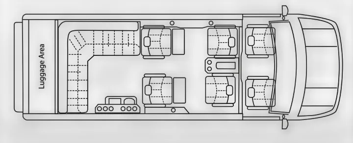 This RV rental floor plan shows a spacious interior with lounge seating, kitchenette, individual chairs, and luggage area.. Ultimate Toys Ultimate Limo 2022