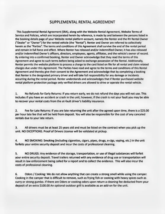 An RV rental supplemental agreement document, detailing terms, conditions, fees, and responsibilities for the renter and owner.. Forest River Sunseeker 2012