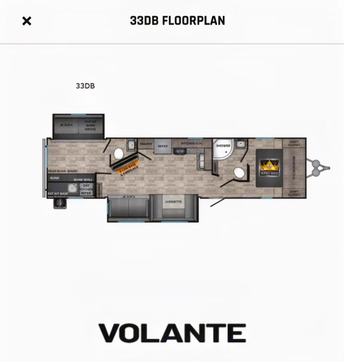 Detailed Volante 33DB RV floorplan for rv rental, featuring a king bed, bunks, kitchen, and lounge areas.. Crossroads RV Volante 2021