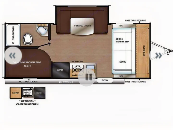 RV rental floor plan details interior layout: bunk beds, Murphy bed, kitchen, bath, U-shaped dinette, and storage.. Forest River Coachmen Catalina Summit 2022