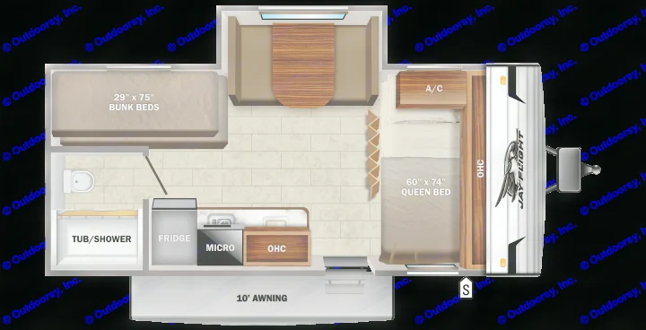 RV rental floor plan: Jay Flight model featuring bunk beds, queen bed, kitchen, bath, dinette, and 10' awning.. Jayco Jay Flight SLX 2022