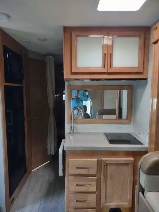 This RV rental features a compact kitchen with a sink, electric stovetop, microwave, refrigerator, and ample storage.. Thor Quantum 2021