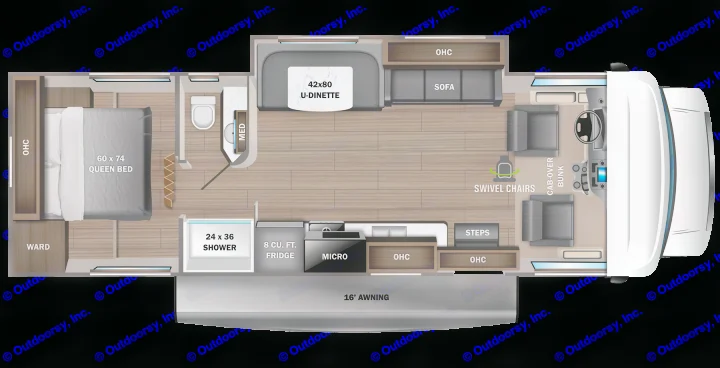 This RV rental floor plan displays the interior layout, featuring a queen bed, kitchen appliances, U-dinette, sofa, and cab-over bunk.. Jayco Redhawk 29XK 2023