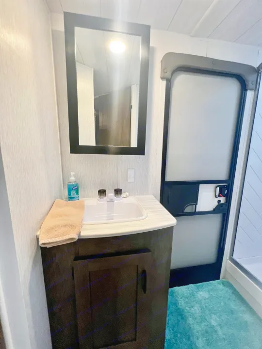 This RV rental's compact bathroom features a sink vanity, mirror, adjacent shower, and main entrance door on the right.. Forest River Wildwood X-Lite 2022