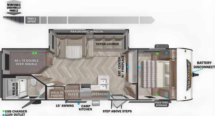 Detailed RV rental floor plan: Forest River Wildwood travel trailer layout featuring bunk beds, kitchen, lounge, and master bedroom.. Forest River Wildwood X-Lite 2022