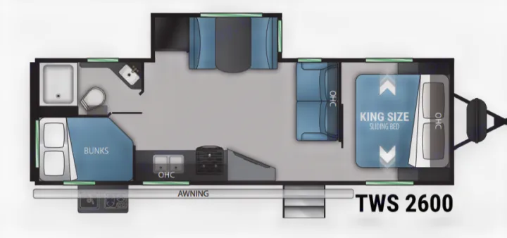 TWS 2600 RV rental floor plan. Displays king bed, bunks, bath, kitchen, and awning.. Twilight RVS Signature 2022