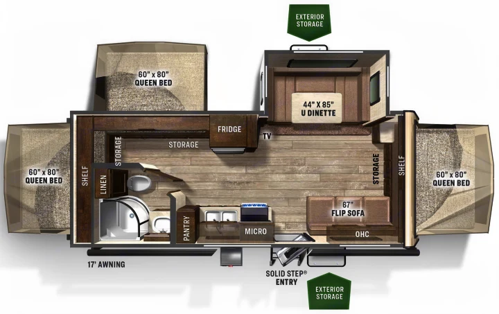 RV rental floor plan: spacious travel trailer interior layout featuring three queen beds, dinette, kitchen, and bathroom.. Forest River Flagstaff Shamrock 2022