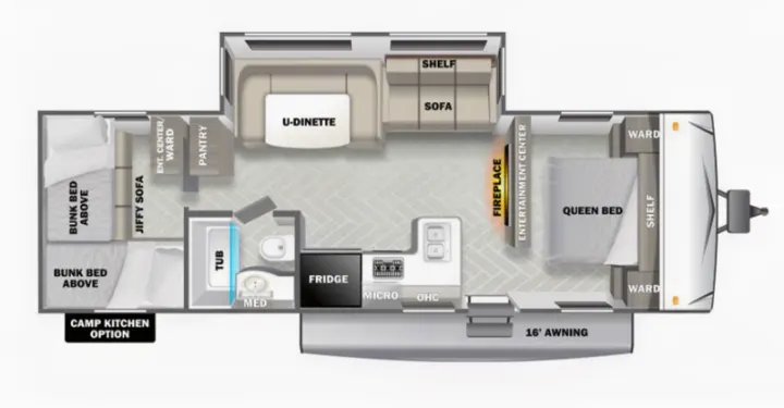 RV rental floor plan showing queen bed, bunks, U-dinette, kitchen, bath. Ideal RV layout for families.. Forest River Evo 2023