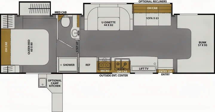 This RV rental floor plan details a spacious interior with queen bed, kitchen, bath, U-dinette, sofa, and bunk beds.. Forest River Coachmen Freelander Premier 2022
