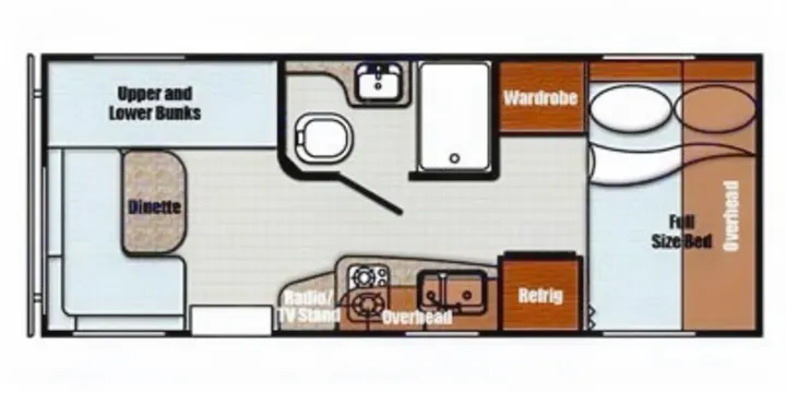 RV rental floor plan, illustrating interior layout: bunks, dinette, bathroom, kitchen, and full-size bed.. Gulf Stream Vista Cruiser M-19RSD 2013