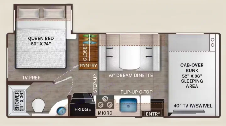 This RV rental floor plan shows a queen bed, shower, dinette, kitchen, and cab-over bunk for a spacious travel layout.. Thor Motor Coach Freedom Elite 2018