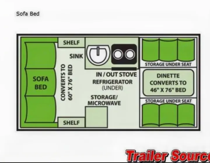 RV rental floor plan: 60"x76" sofa bed, 46"x76" dinette bed, kitchen area with sink/stove, and storage.. A-liner Classic 2022