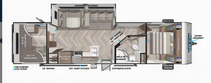 Detailed RV rental floor plan of a travel trailer showing bunk beds, queen bed, kitchen, lounge, bath, and storage options.. Forest River Salem 2021