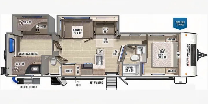 RV rental floor plan for Surveyor Legend. This detailed layout shows a queen bed, bunks, kitchen, dinette, and shower.. Forest River Surveyor 2021