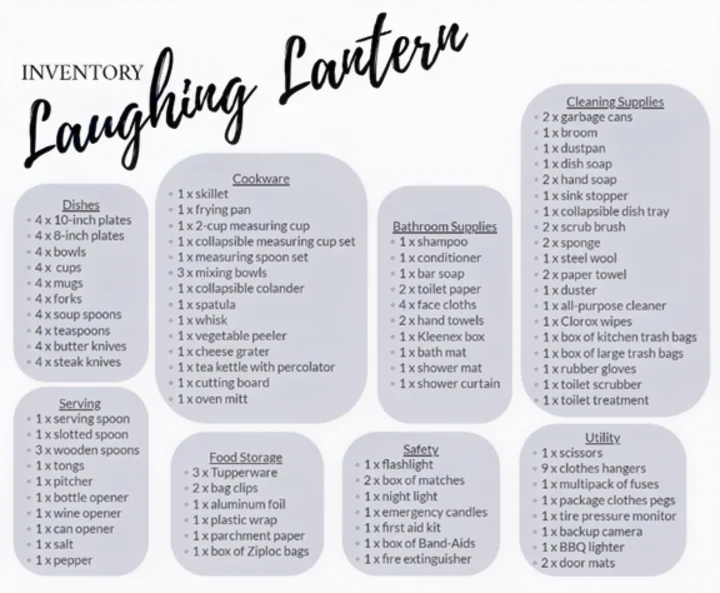 This RV rental inventory lists kitchen, bath, cleaning, safety, and utility supplies, detailing items for guest use.. Dutchmen Coleman Lantern LT 2019