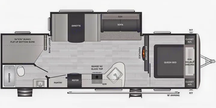 RV rental: Detailed floor plan reveals queen bed, bunk beds, full kitchen, bathroom, dinette, and sofa layout.. Keystone RV Springdale 2021