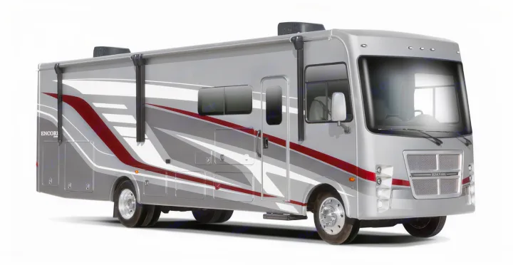 Sleek grey and red striped RV motorhome, ideal for your next rv rental adventure, shown against a white background.. Coachmen Encore 2024