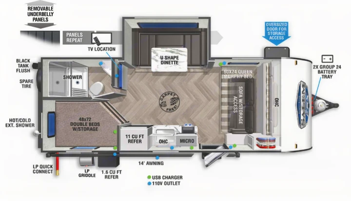 Explore this RV rental floor plan: U-dinette, queen Murphy bed, double beds, full bath, kitchen, and ample storage solutions.. Forest River Salem FSX 178bhsk 2023