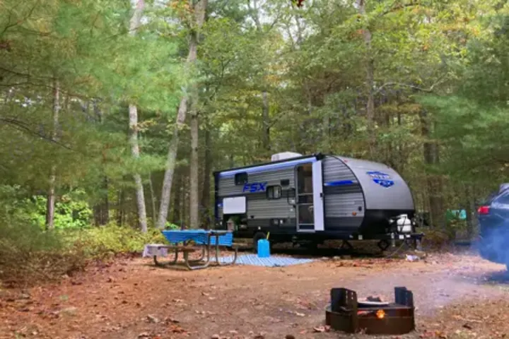 RV rental camping scene: a gray travel trailer, picnic table, and smoky campfire in a wooded site.. Forest River Salem FSX 178bhsk 2023