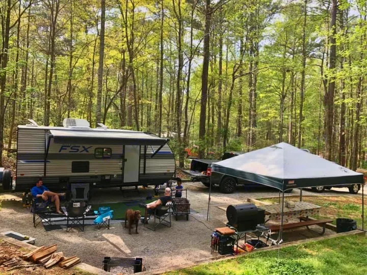 Perfect RV rental setup at a wooded campground: people, dogs, and a large canopy for relaxing outdoors.. Forest River Salem FSX 178bhsk 2023