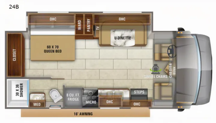 Explore this 24B RV rental floor plan: queen bed, U-dinette, full kitchen, shower, and cab-over bunk. Perfect for road trips.. Jayco Redhawk 2021