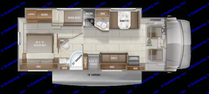 Explore this RV rental's spacious floor plan: queen bed, bunks, full kitchen, bath, dinette, sofa, and cab-over bunk.. Jayco Redhawk 2021