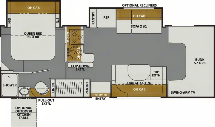 RV rental floor plan: Detailed interior layout featuring queen bed, kitchen, bath, sofa, lounge, bunk, and storage.. Coachmen 26DS 2021