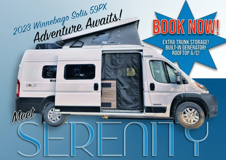 Rent Serenity, a 2023 Winnebago Solis 59PX rv rental van. Enjoy pop-top, A/C, generator, and extra storage. Book today!. Winnebago Solis 2023