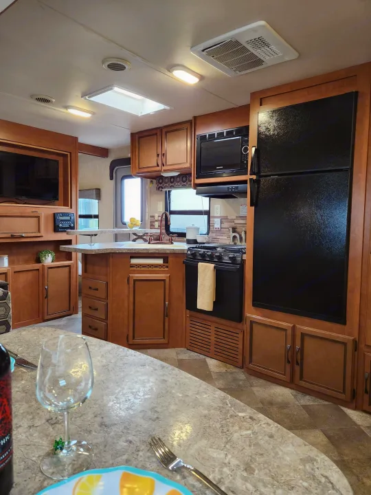 RV rental interior: A well-appointed kitchen with black appliances, wooden cabinets, and a functional living area with TV and counter.. Palomino Puma 2016