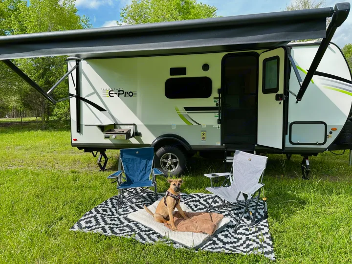 Perfect pet-friendly rv rental setup for camping! A happy dog on a mat with chairs next to a white RV in a scenic outdoor spot.. Forest River Flagstaff E-Pro 2023