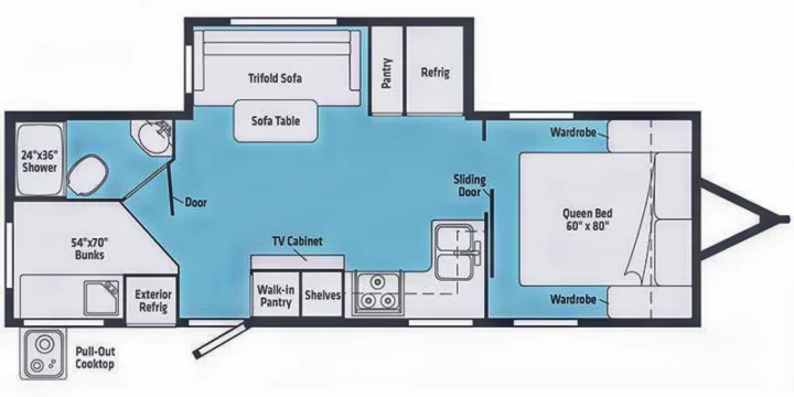 RV rental floor plan displaying the queen bed, bunks, kitchen, and living space layout for clear understanding.. Winnebago Minnie 2022