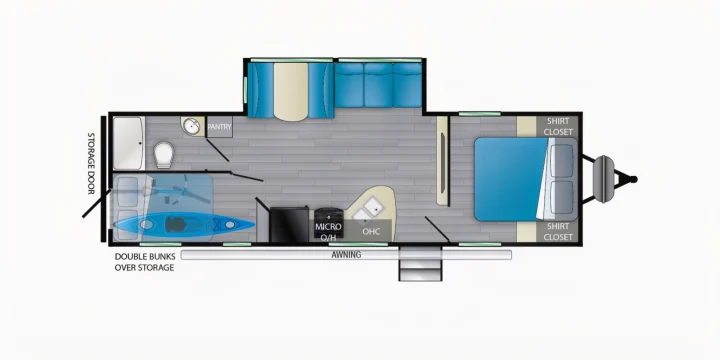 RV rental floor plan showcasing a spacious travel trailer interior with master bed, double bunks, kitchen, and full bath.. Heartland RVs Prowler 2022