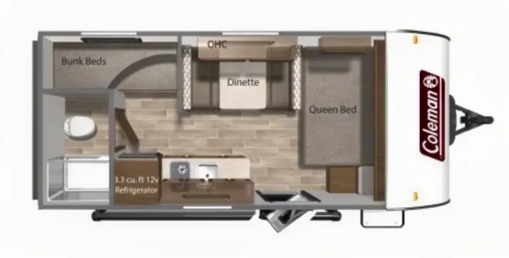 RV rental travel trailer floor plan showing interior with queen bed, bunks, dinette, and kitchen.. Dutchmen Coleman Lantern 2023