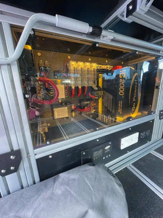 RV rental power system: Go Power! 2000W inverter, solar controller, and wiring in a clear enclosure for mobile use.. Vandoit Vandoit Class B 2020