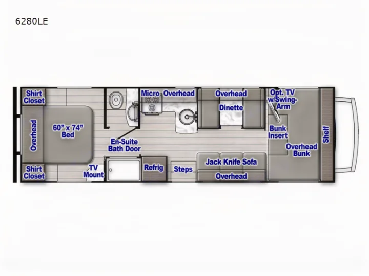 Detailed floor plan of a 6280LE rv rental, featuring a bed, en-suite bath, kitchen, dinette, jack knife sofa, and bunks.. Gulf Stream Conquest 6280LE 2023